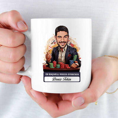 Erkek Poker Oyuncusu Karikatürlü ve İsimli Kupa Bardak - 1