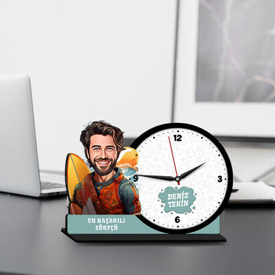 Erkek Sörfçü Karikatürlü MDF Masa Saati - 1