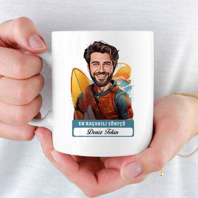 Erkek Sörfçü Karikatürlü ve İsimli Kupa Bardak - 1