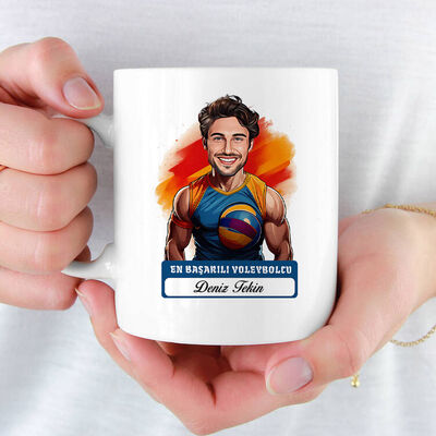 Erkek Voleybolcu Karikatürlü ve İsimli Kupa Bardak - 1