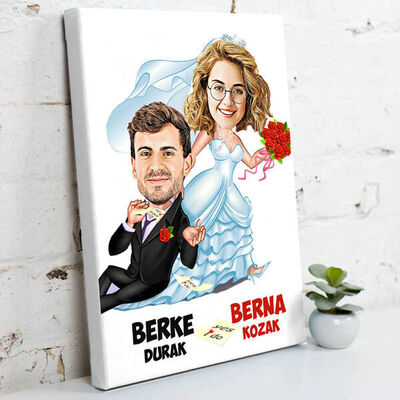 Evli Çiftlere Karikatürlü Kanvas Tablo - 1