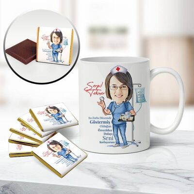 Fedakar Hemşire Karikatürlü Kupa ve Çikolata - 1