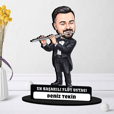 Flüt Ustası Müzisyen Erkek Karikatürlü Biblo - 1