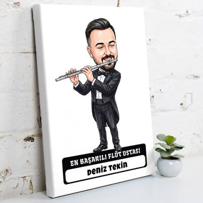 Flüt Ustası Müzisyen Erkek Karikatürlü Kanvas Tablo - 1