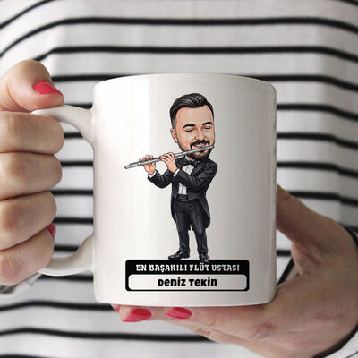 Flüt Ustası Müzisyen Erkek Karikatürlü Kupa Bardak - 1