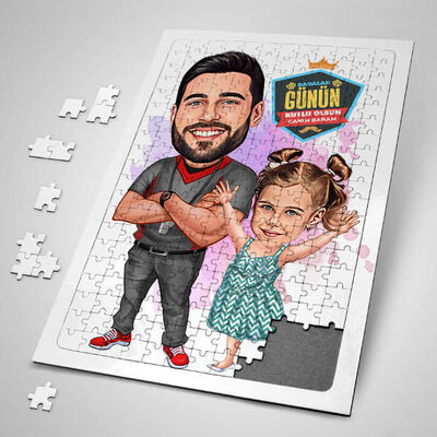Futbol Sever Baba ve Kızı Karikatürlü Puzzle - 1