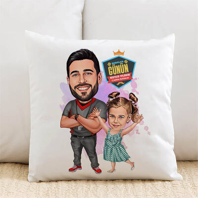 Futbol Sever Baba ve Kızı Karikatürlü Yastık - 1