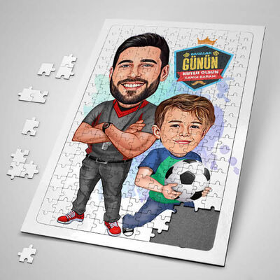 Futbol Sever Baba ve Oğlu Karikatürlü Puzzle - 1