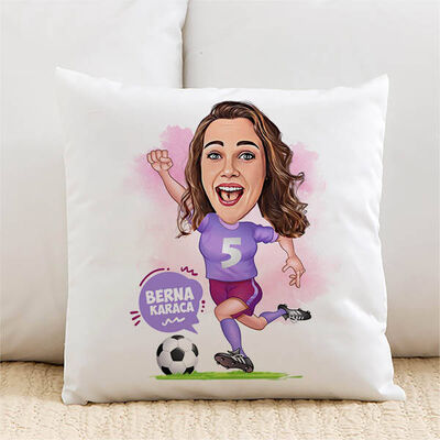 Futbolcu Kadın Karikatürlü Yastık - 1