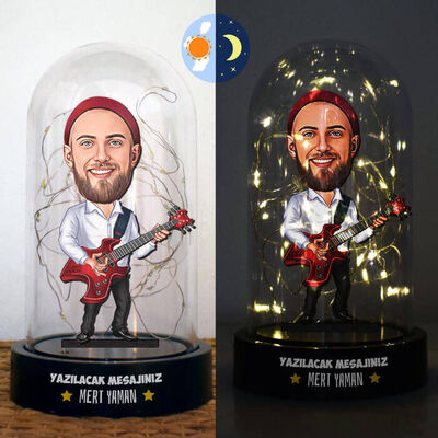 Gitar Çalan Erkek Karikatürlü Işıklı Fanus Biblo - 1