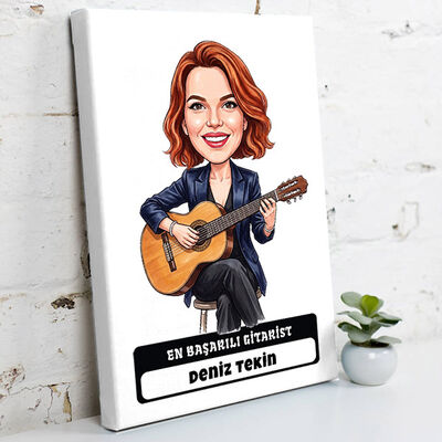 Gitarist Müzisyen Kadın Karikatürlü Kanvas Tablo - 1
