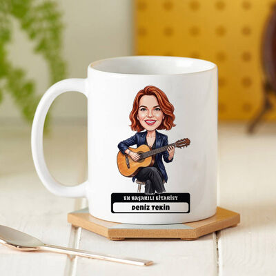Gitarist Müzisyen Kadın Karikatürlü Kupa Bardak - 1
