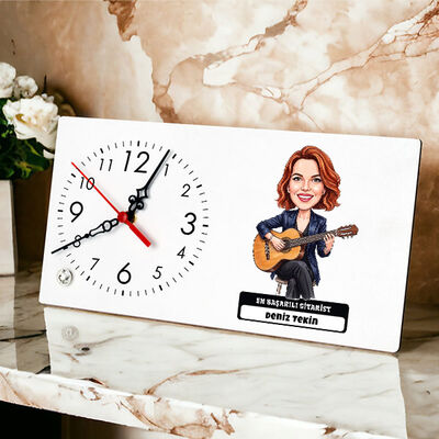 Gitarist Müzisyen Kadın Karikatürlü Masa Saati - 1
