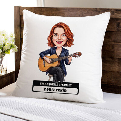 Gitarist Müzisyen Kadın Karikatürlü Yastık - 1