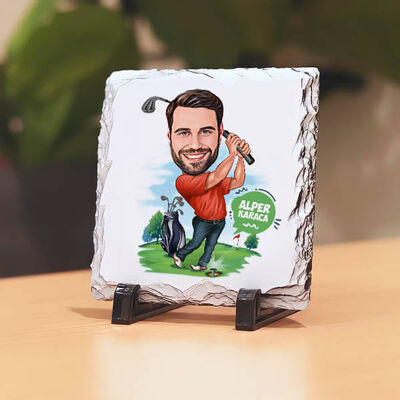 Golf Oynamayı Seven Erkek Karikatürlü Taş Baskı - 1