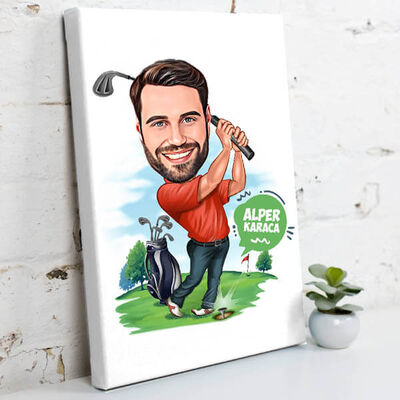 Golf Oynayan Erkek Karikatürlü Kanvas Tablo - 1