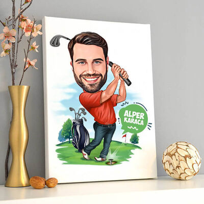 Golf Oynayan Erkek Karikatürlü Kanvas Tablo - 2