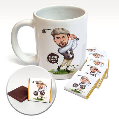 Golf Oynayan Erkek Karikatürlü Kupa ve Çikolata - 1