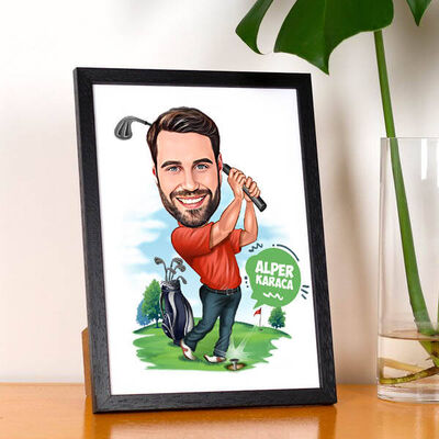 Golf Oynayan Erkek Karikatürlü Resim Çerçevesi - 1