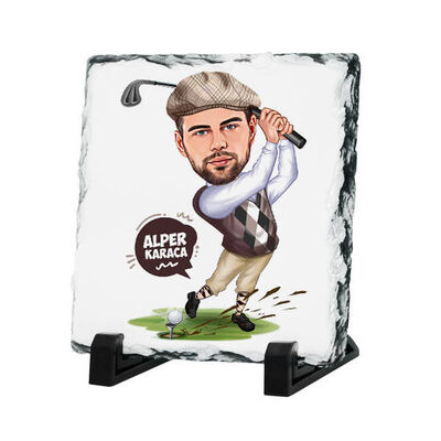 Golf Oynayan Erkek Karikatürlü Taş Baskı - 1