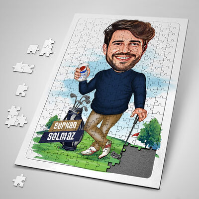 Golf Tutkusu Olan Erkek Karikatürlü Puzzle - 1