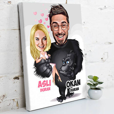 Goril ve Sevgilisi Karikatürlü Kanvas Tablo - 1