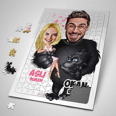 Goril ve Sevgilisi Karikatürlü Puzzle - 1