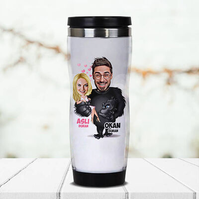 Goril ve Sevgilisi Karikatürlü Termos Bardak - 1