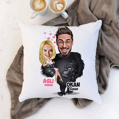 Goril ve Sevgilisi Karikatürlü Yastık - 1