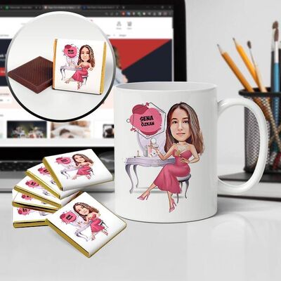 Güzelliğine Düşkün Kadın Karikatürlü Kupa ve Çikolata - 1