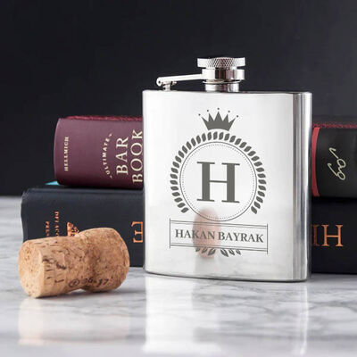 Harf ve İsim İşlemeli Çelik Kanyak Matarası 6 Oz Gümüş - 1