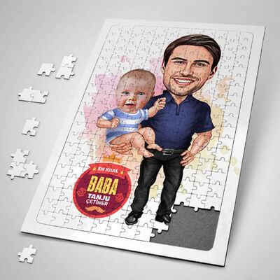 Harika Baba ve Bebeği Karikatürlü Puzzle - 1