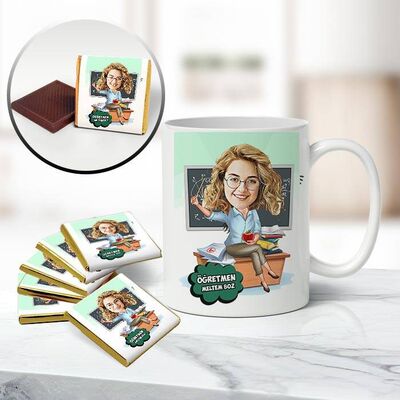 Harika Öğretmen Karikatürlü Kupa ve Çikolata - 1