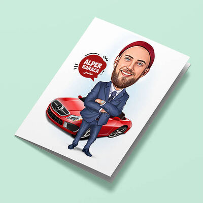 Havalı Spor Arabalı Erkek Karikatürlü Tebrik Kartı - 1