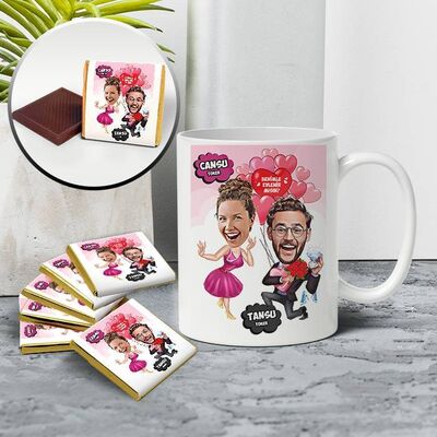 Heyecanlı Aşk Çiftleri Karikatürlü Kupa ve Çikolata - 1