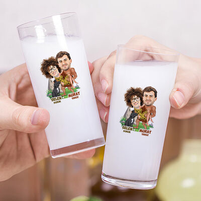 İlkel Aşıklar Karikatürlü İkili Rakı Bardağı Seti - 2
