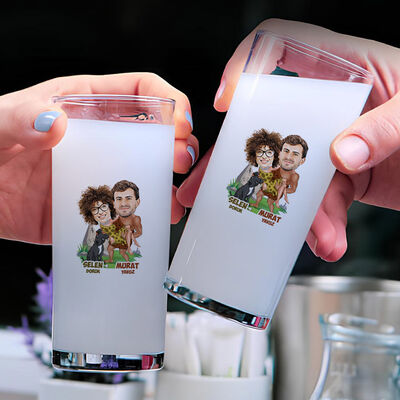 İlkel Aşıklar Karikatürlü İkili Rakı Bardağı Seti - 1