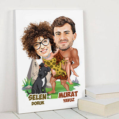 İlkel Aşıklar Karikatürlü Kanvas Tablo - 1
