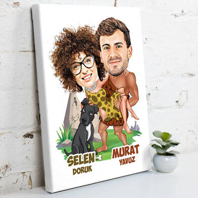 İlkel Aşıklar Karikatürlü Kanvas Tablo - 2