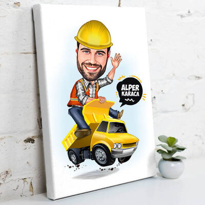 İş Makinesi Operatörü Erkek Karikatürlü Kanvas Tablo - 1