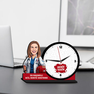Kadın Acil Servis Doktoru Karikatürlü MDF Masa Saati - 1
