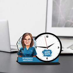 Kadın Anestezist Karikatürlü MDF Masa Saati