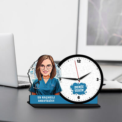 Kadın Anestezist Karikatürlü MDF Masa Saati - 1