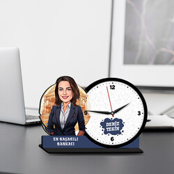 Kadın Bankacı Karikatürlü MDF Masa Saati