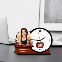 Kadın Barmen Karikatürlü MDF Masa Saati