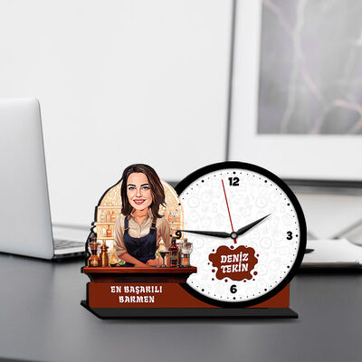 Kadın Barmen Karikatürlü MDF Masa Saati - 1