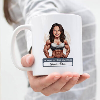 Kadın Bodybuilder Karikatürlü ve İsimli Kupa Bardak - 3
