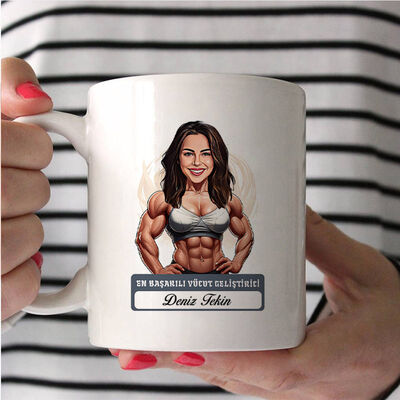 Kadın Bodybuilder Karikatürlü ve İsimli Kupa Bardak - 2