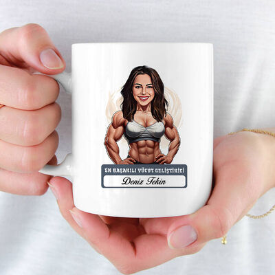 Kadın Bodybuilder Karikatürlü ve İsimli Kupa Bardak - 1