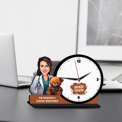 Kadın Çocuk Doktoru Karikatürlü MDF Masa Saati - 1